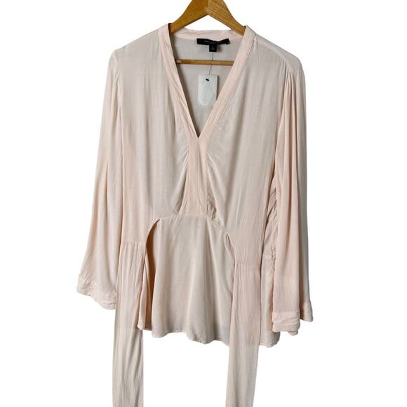 NEW Andrew Marc New York Pink Tie-Waist V-Neck‎ Blouse Long Wide Sleeves, Large - Picture 2 of 11